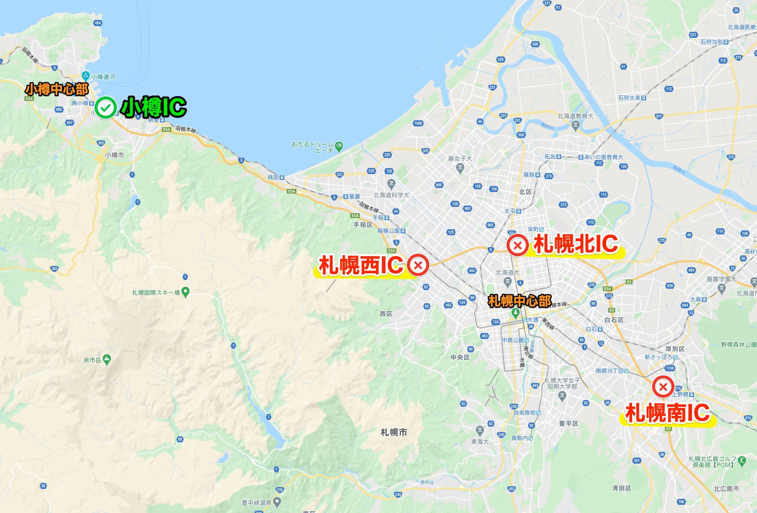 札幌の高速と小樽の地図